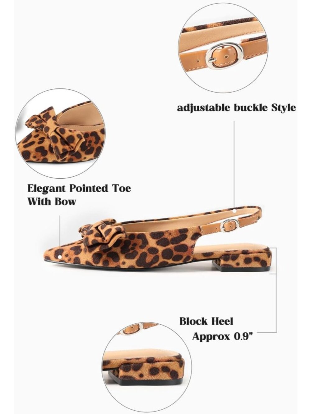 Women's Leopard Slingback Pointed Toe Bow Ballet Flats Slip On Party Dress Shoes - Picture 5 of 6